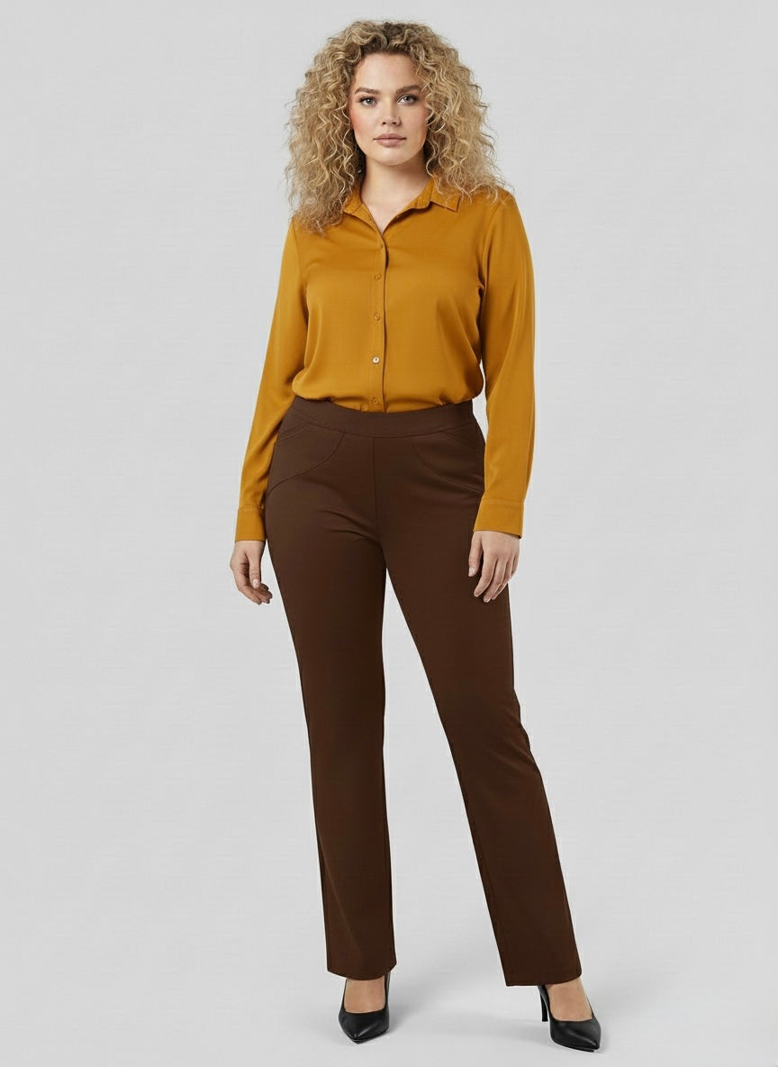 Storesnio audinio kelnės Mija regular fit (ruda)
